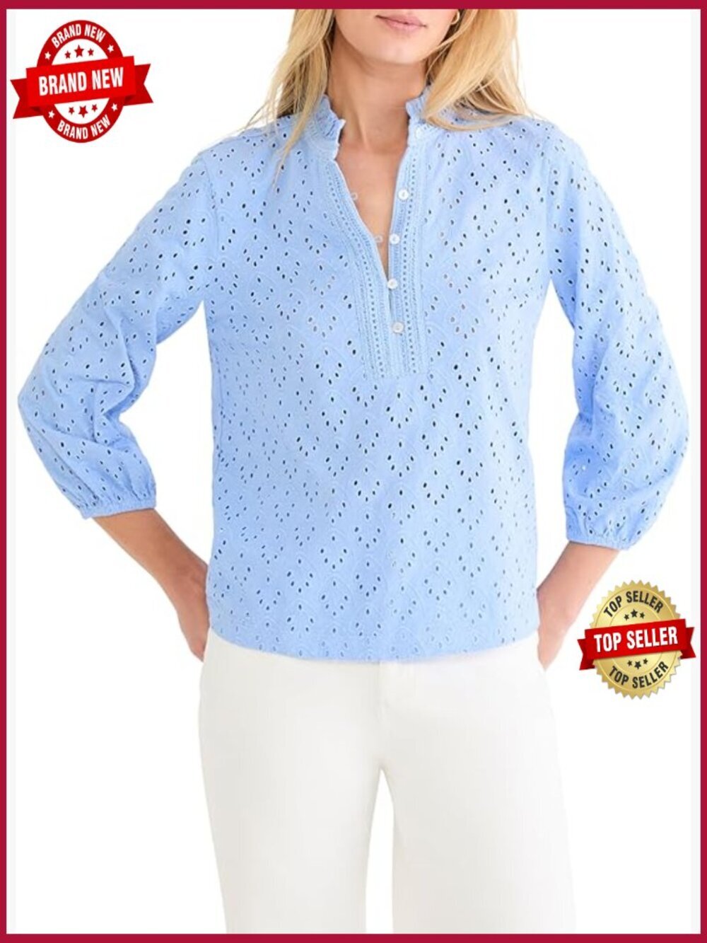 Knit Eyelet Ruffle Neck Top 3/4 Sleeve Bohemian Pullover